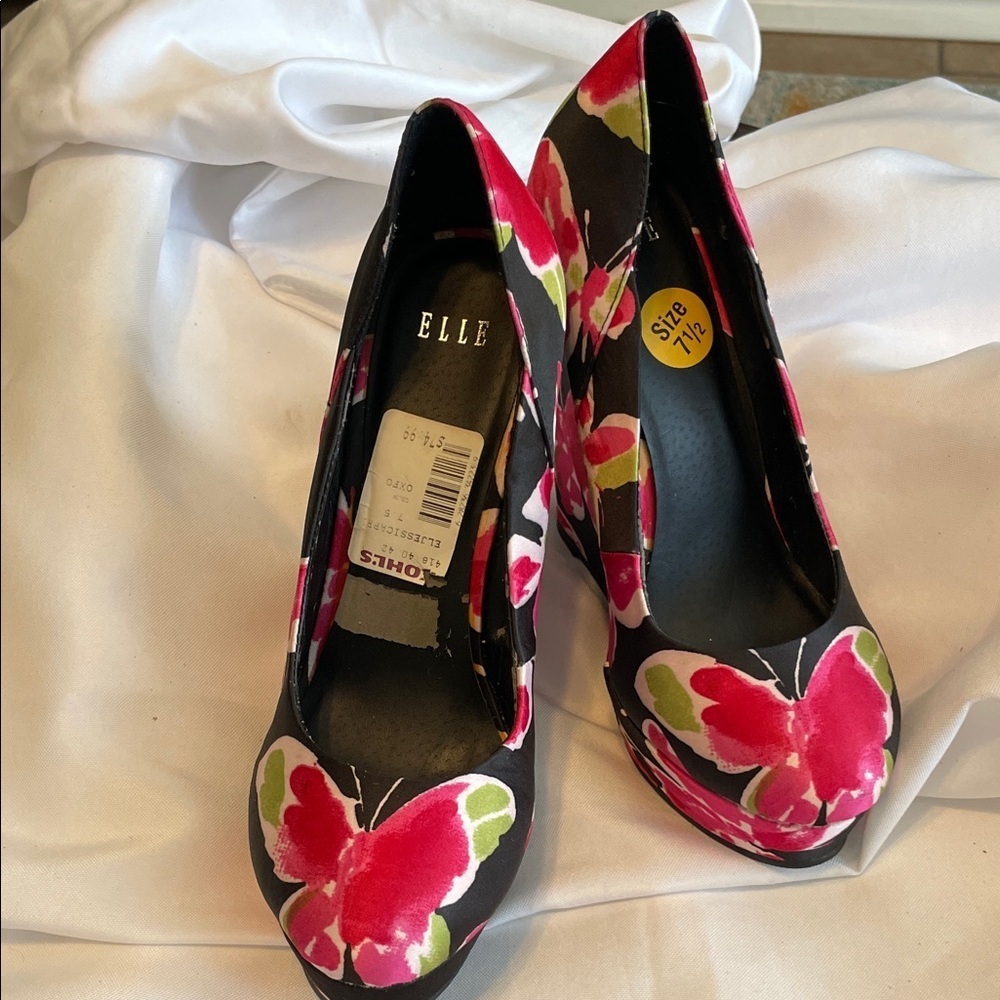 Elle Black Heels with Pink Floral Design